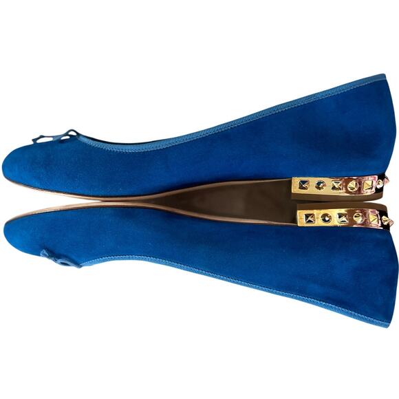 J.Crew Cobalt Blue Suede Leather Gold Studded Heel Round Toe Ballet Flat - Picture 3 of 8